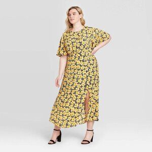 Who What Wear Floral Print Short Sleeve Maxi Dress Yellow 1X